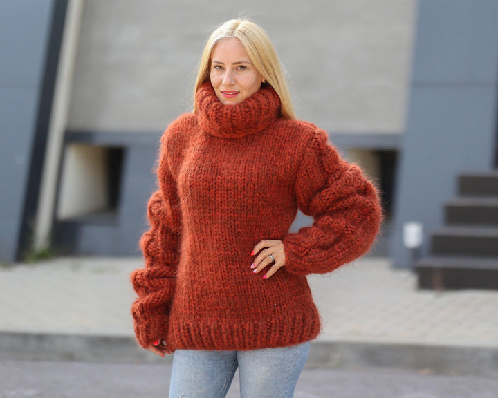 16-Strand Mohair–Italian Alpaca Sweater – Hand-Knitted Chunky Cabled Fuzzy Jumper T1492