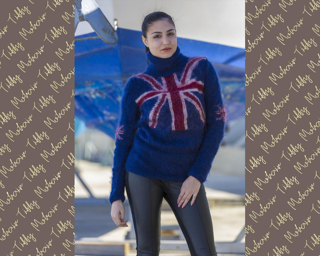 British Flag Mohair Sweater – Hand-Knitted Blue Fluffy Turtleneck Pullover T561