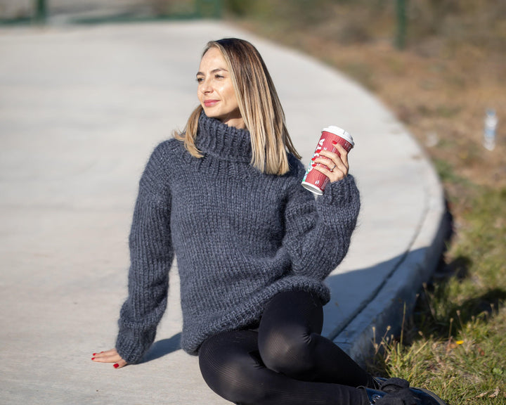 Hand Knitted Gray Mohair Sweater, Soft Fluffy Warm Jumper T1293