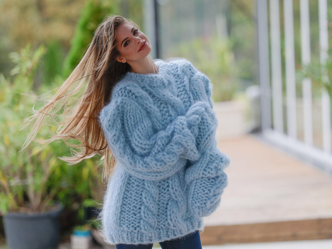10-Strand Cabled Mohair Sweater – Hand-Knitted Chunky Fuzzy Jumper T1113