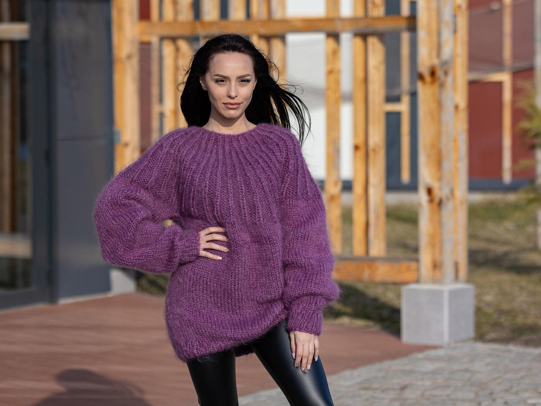 Purple Mohair Sweater – Hand-Knitted Fluffy Pullover T1175