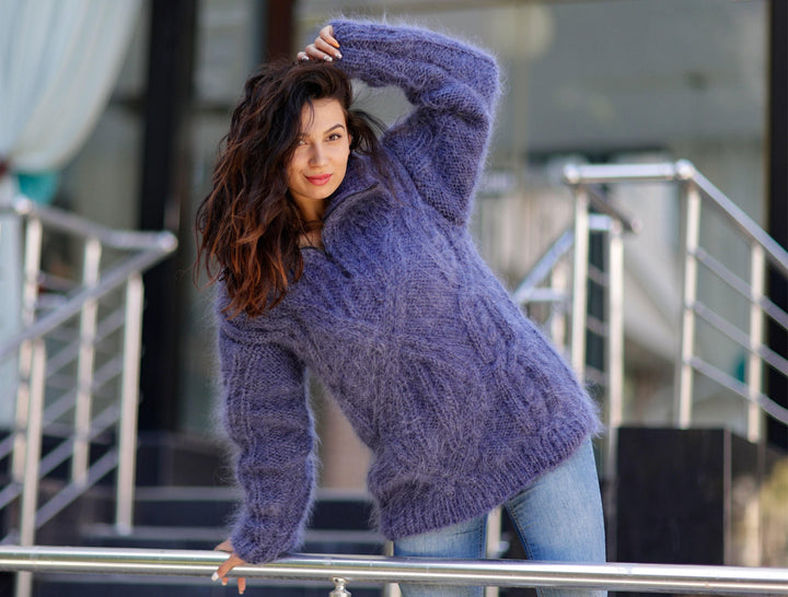 Fluffy Blue Mohair Sweater – Hand-Knitted Chunky Cabled Mock Neck Zipper Pullover T1060