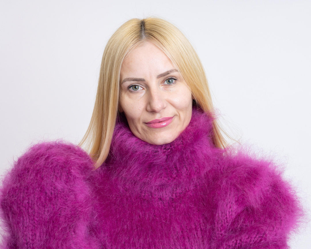 Hand-Knitted Purple Mohair Sweater – Fluffy Chunky Oversized Turtleneck Pullover T1517