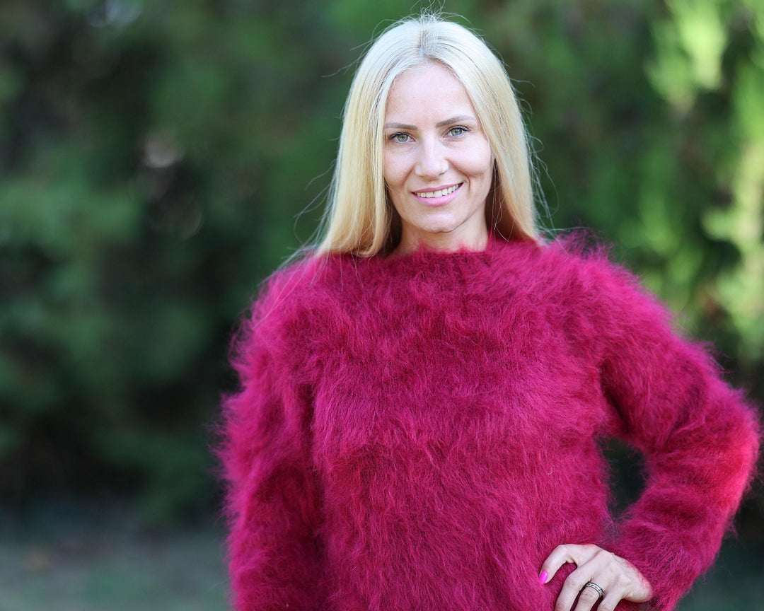Hand-Knitted Red Mohair Sweater – Fluffy Soft Turtleneck Warm Jumper T1457