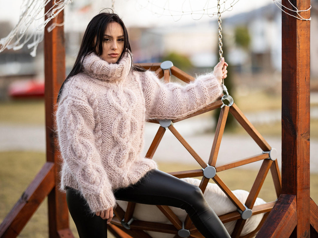 5-Strand Beige Mohair Sweater – Hand-Knitted Cabled Chunky Oversized Pullover T1176