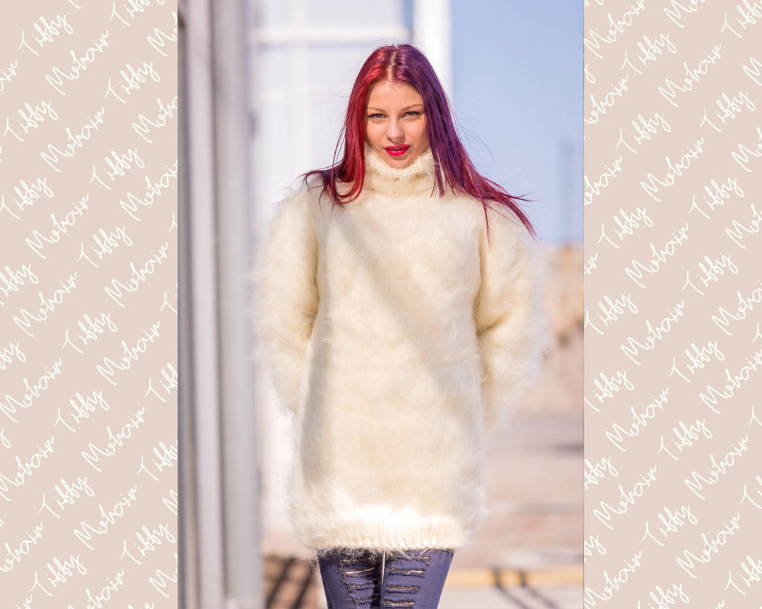 Cream Mohair Turtleneck Sweater, Hand Knitted Chunky Fluffy Oversized Jumper T526
