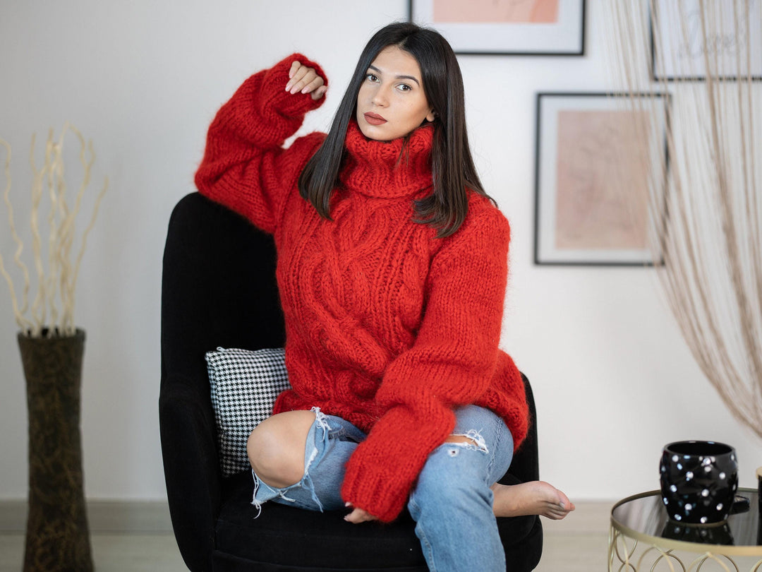 Red Mohair Sweater – Hand-Knitted Cabled Pullover T1157