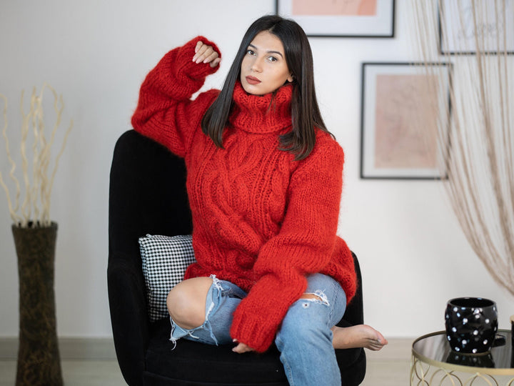 Red Mohair Sweater – Hand-Knitted Cabled Pullover T1157