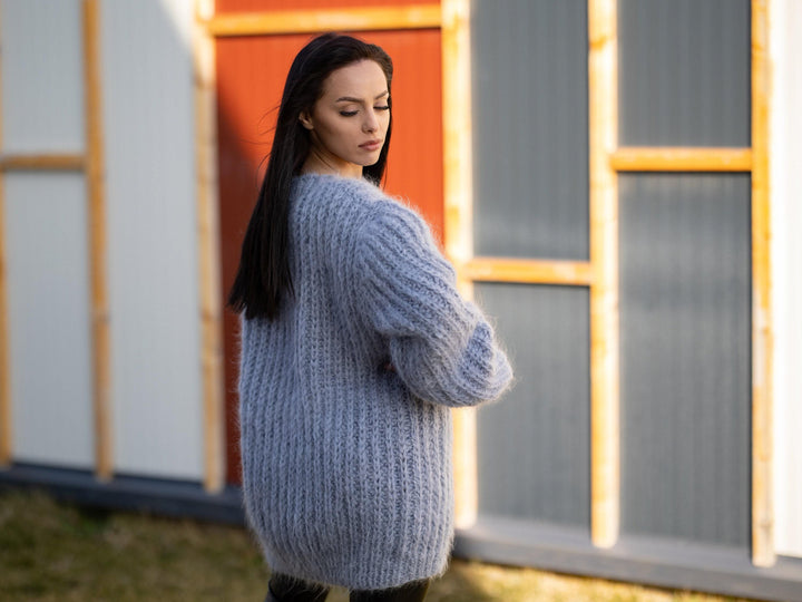 Gray Mohair Sweater – Hand-Knitted Soft Crewneck Pullover T1192