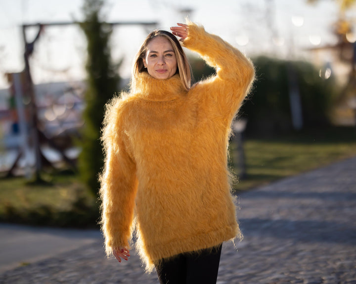 Fluffy Mustard Mohair Sweater – Hand-Knitted Soft Warm Turtleneck Pullover T1295
