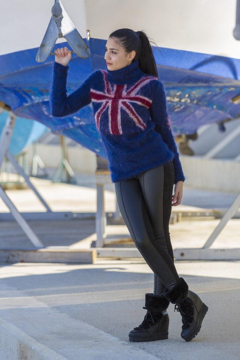 British Flag Mohair Sweater – Hand-Knitted Blue Fluffy Turtleneck Pullover T561