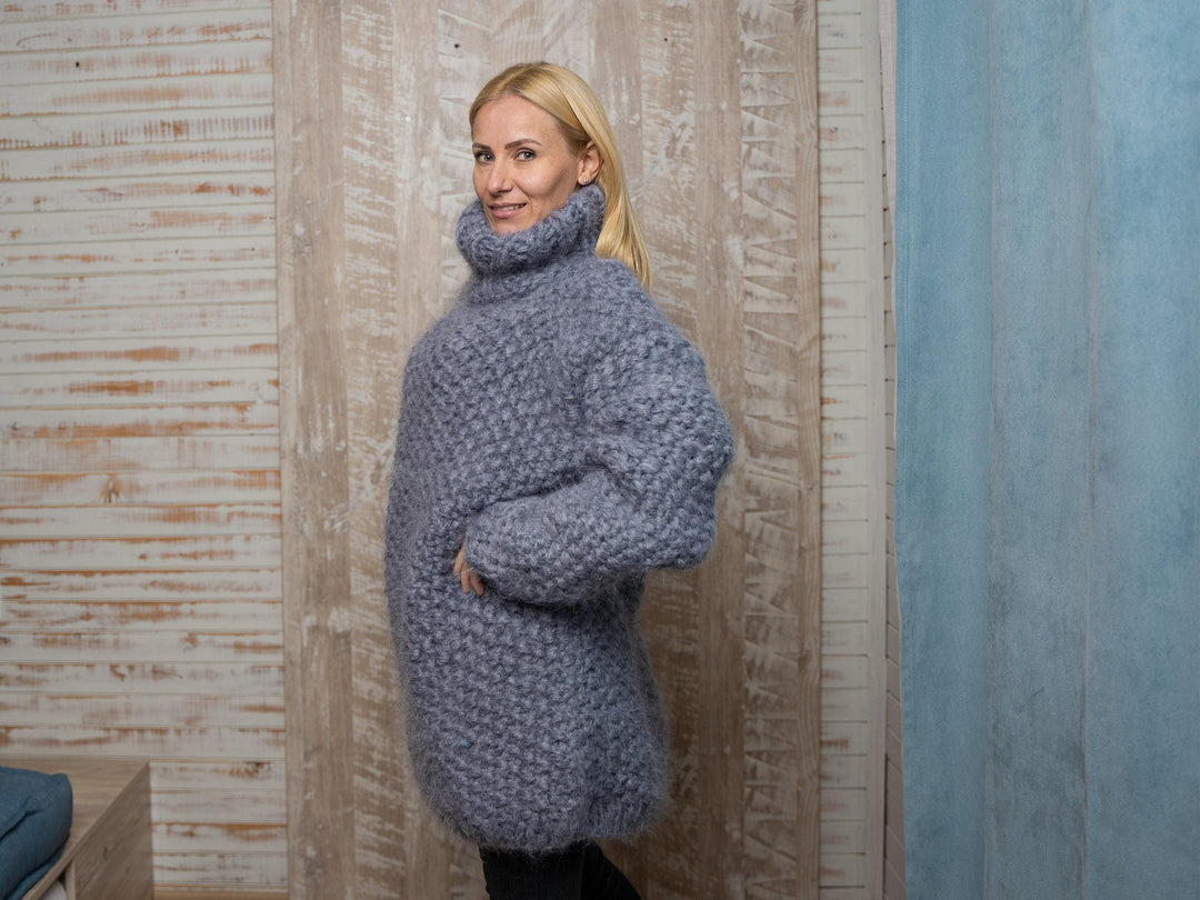 Moss Stitch Chunky Mohair Sweater – 8-Strand Thick Hand-Knitted Hairy Cosy Jumper T1114