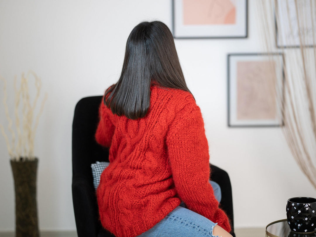 Red Mohair Sweater – Hand-Knitted Cabled Pullover T1157