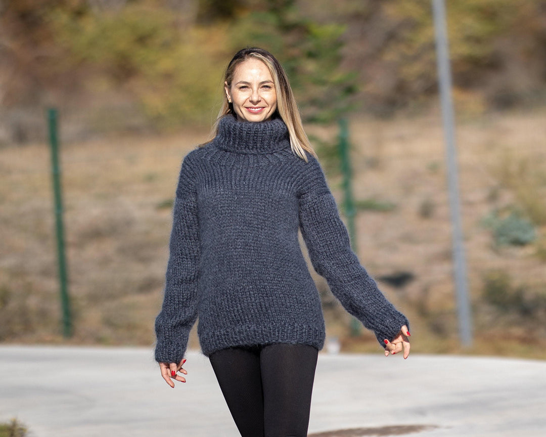 Hand Knitted Gray Mohair Sweater, Soft Fluffy Warm Jumper T1293