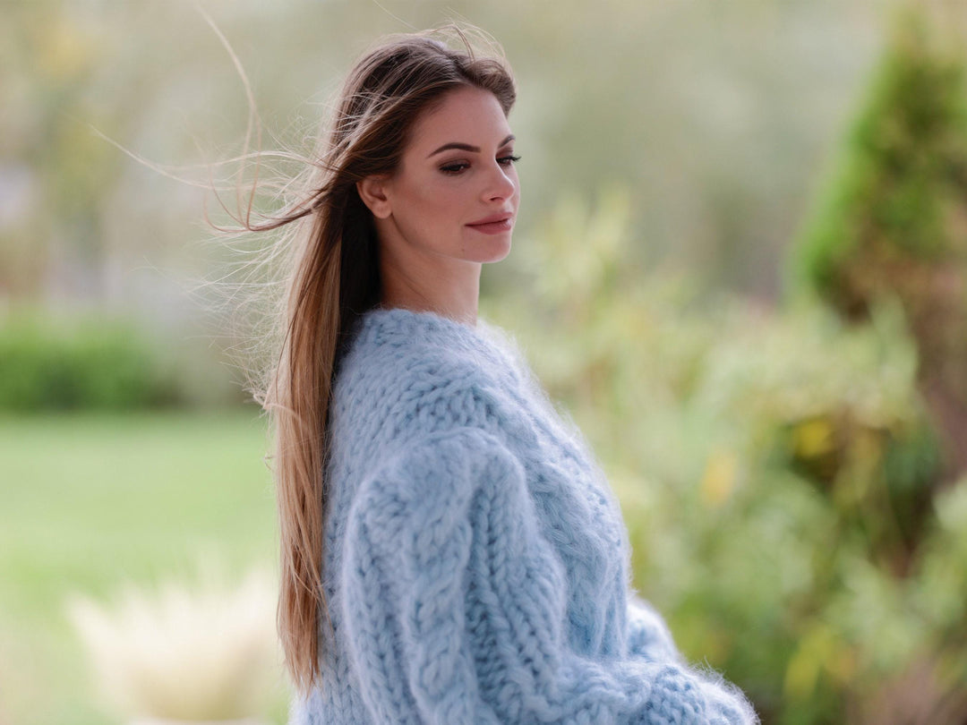 10-Strand Cabled Mohair Sweater – Hand-Knitted Chunky Fuzzy Jumper T1113