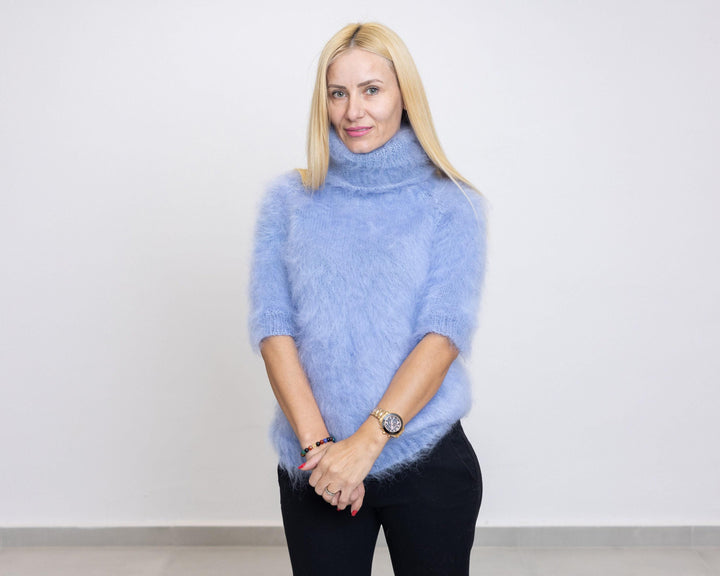 Short-Sleeve Mohair Sweater – Hand-Knitted Fluffy Cropped Pullover T1515