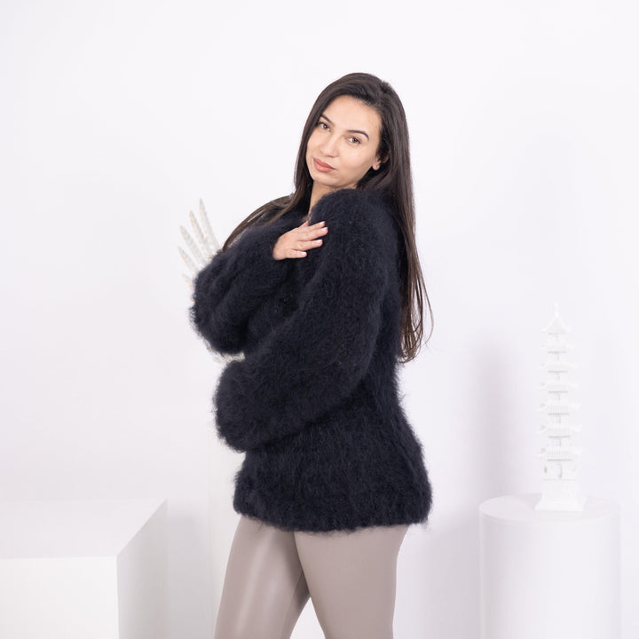Fluffy Black Mohair Sweater – Hand-Knitted Big-Needle See-Through Knit T1588