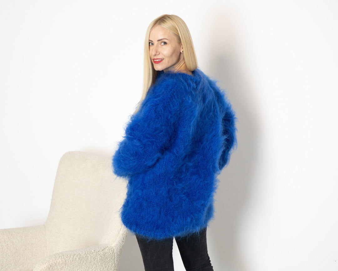 Hand-Knitted Blue Mohair Sweater – Big-Needle Fluffy See-Through Women’s Jumper T1510