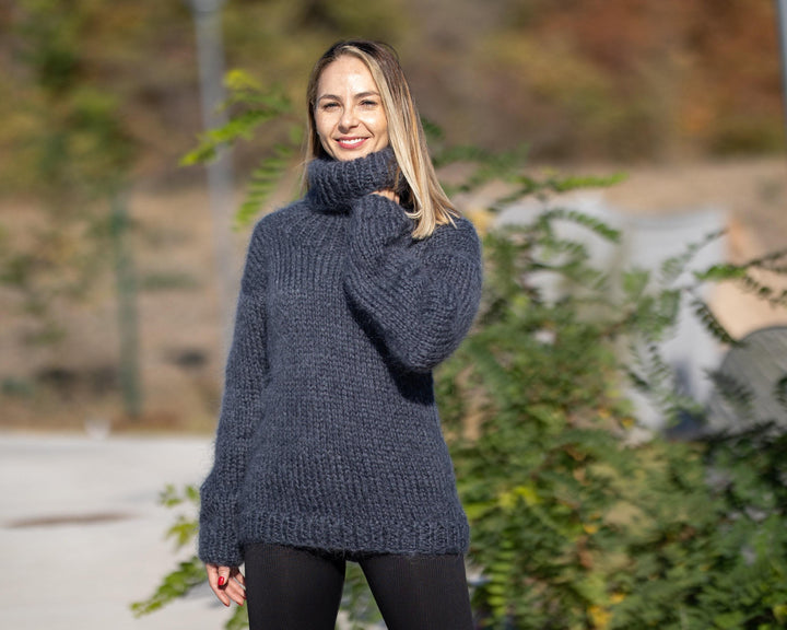Hand Knitted Gray Mohair Sweater, Soft Fluffy Warm Jumper T1293