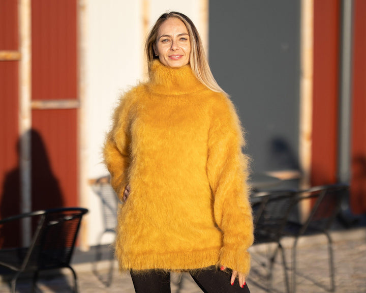 Fluffy Mustard Mohair Sweater – Hand-Knitted Soft Warm Turtleneck Pullover T1295