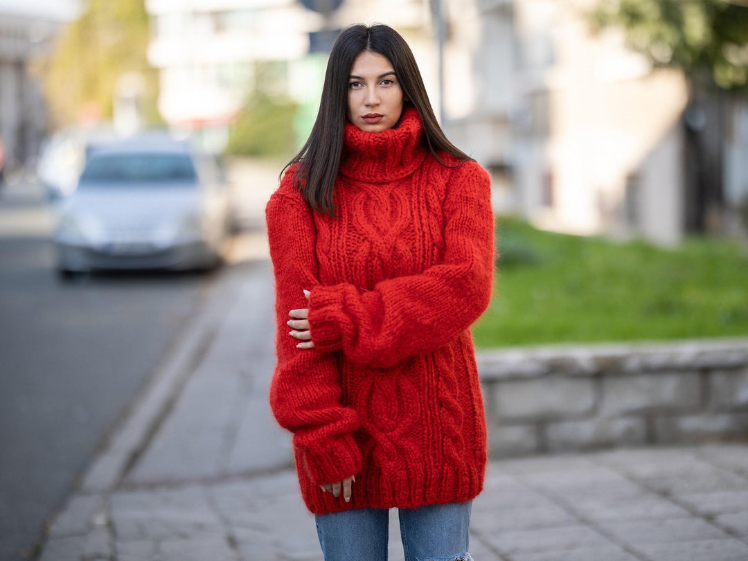 Red Mohair Sweater – Hand-Knitted Cabled Pullover T1157