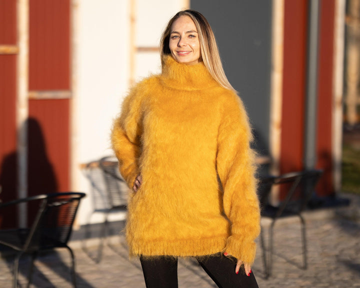 Fluffy Mustard Mohair Sweater – Hand-Knitted Soft Warm Turtleneck Pullover T1295