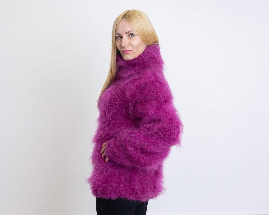Hand-Knitted Purple Mohair Sweater – Fluffy Chunky Oversized Turtleneck Pullover T1517