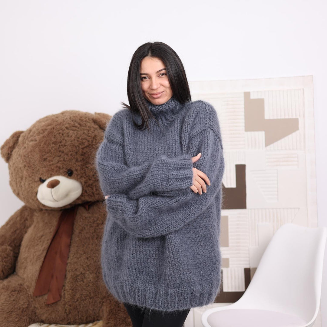 Hand-Knitted Gray Mohair Sweater – Fluffy Chunky Oversized Turtleneck Pullover T1836