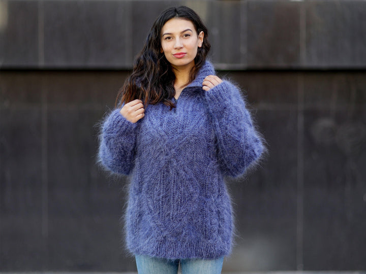 Fluffy Blue Mohair Sweater – Hand-Knitted Chunky Cabled Mock Neck Zipper Pullover T1060