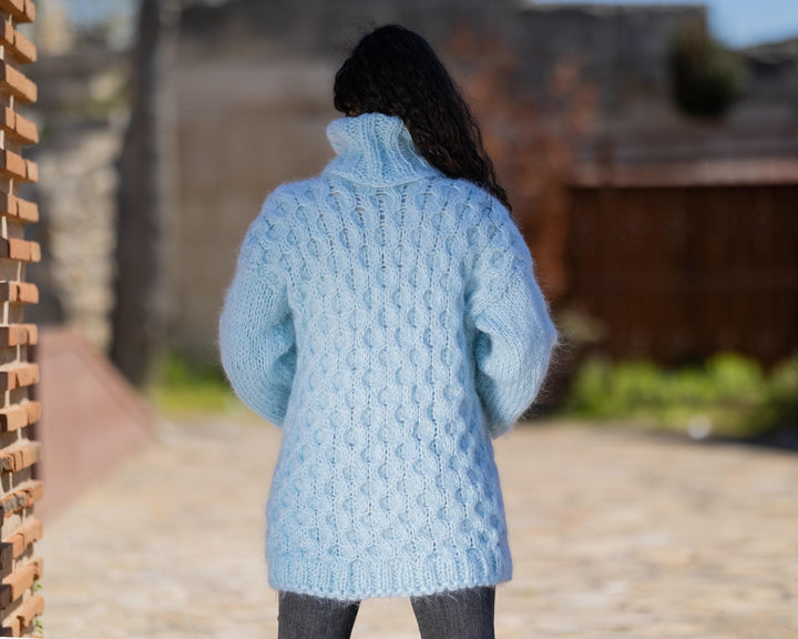 Blue Mohair Sweater – Hand-Knitted Cabled Cozy Winter Pullover T1424
