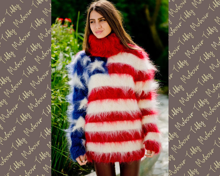 American Flag Mohair Sweater – Hand-Knitted Blue Fluffy Turtleneck Pullover T111