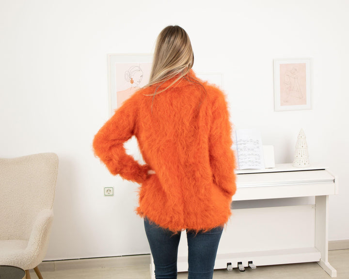 Orange Mohair Turtleneck Sweater – Hand-Knitted Fluffy Soft Winter Pullover T1323