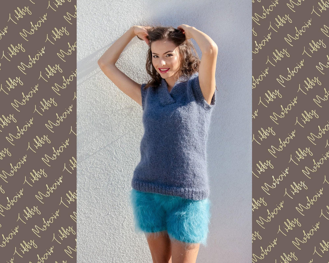 Short-Sleeve Mohair Sweater – Hand-Knitted Collared Vest Pullover T400