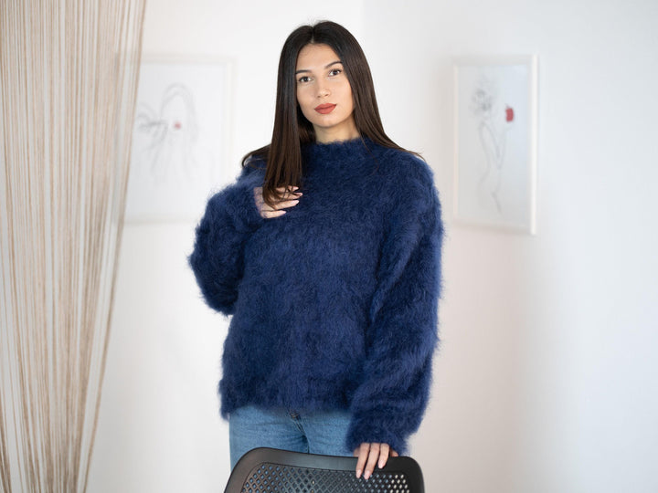 Fluffy Blue Mohair Sweater – Hand-Knitted Soft Warm Crewneck Pullover T1152