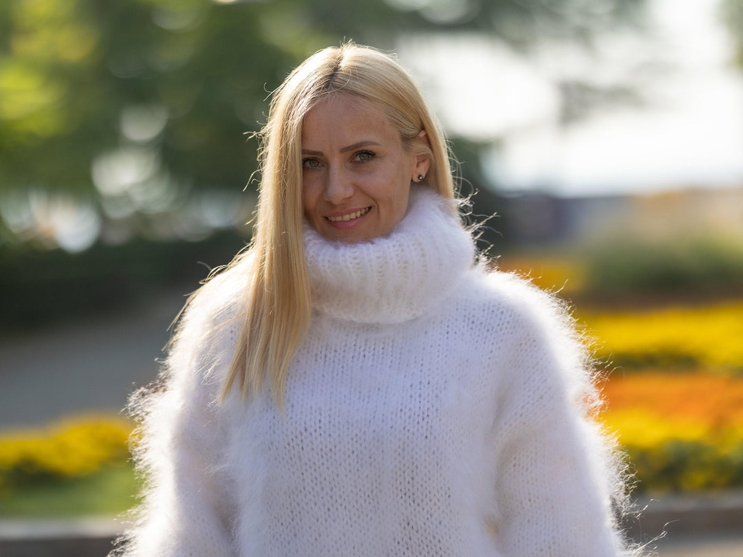 Fluffy White Mohair Sweater, Hand Knitted Soft Warm Knit Jumper T1231