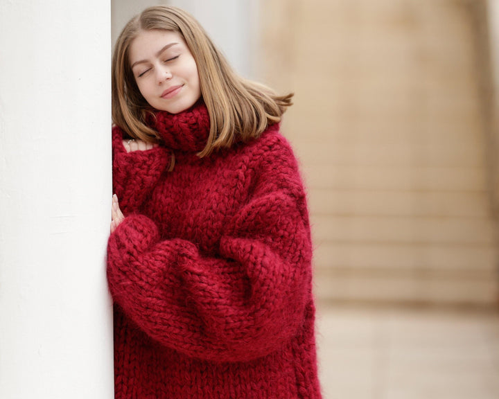 12-Strand Huge Turtleneck Mohair Sweater – Hand-Knitted Chunky Unisex Red Fluffy Pullover T1373