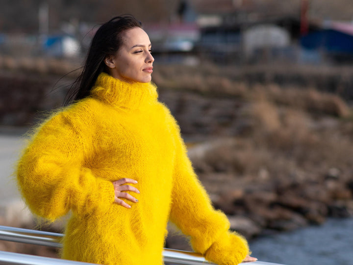 Hand Knitted Yellow Mohair Sweater, Soft Fluffy Warm Jumper T1173