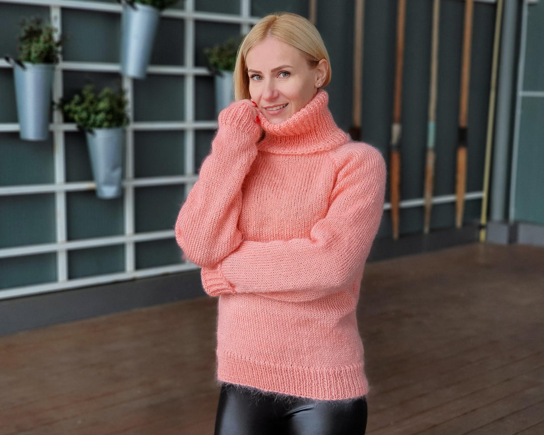 Salmon Pink Mohair Turtleneck Sweater – Hand-Knitted Fluffy Soft Winter Pullover T940