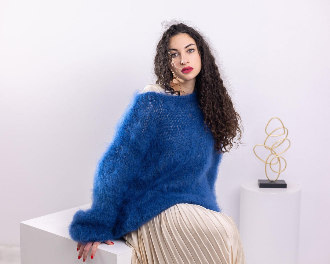 Hand Knitted Blue Mohair Sweater, Soft Fluffy Crewneck Jumper, Oversized Men’s Pullover T1544