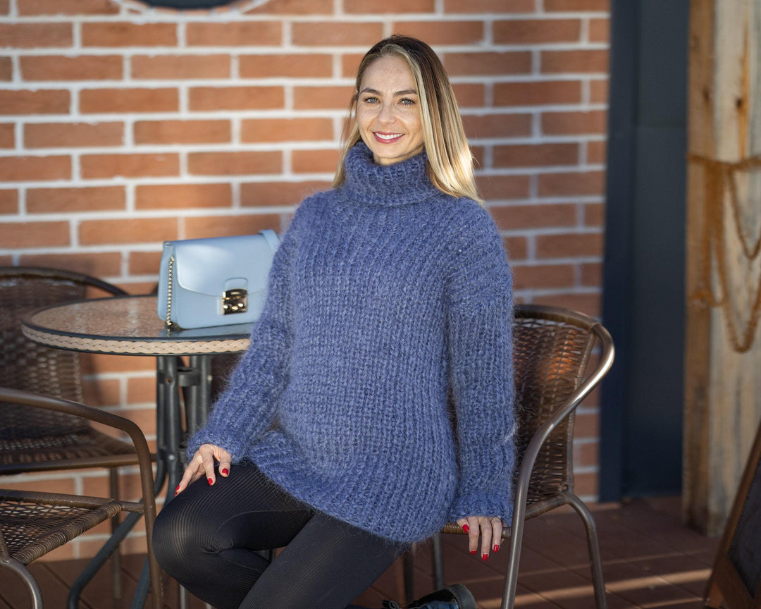 Denim Mohair Sweater – Hand-Knitted Women’s Pullover T1297