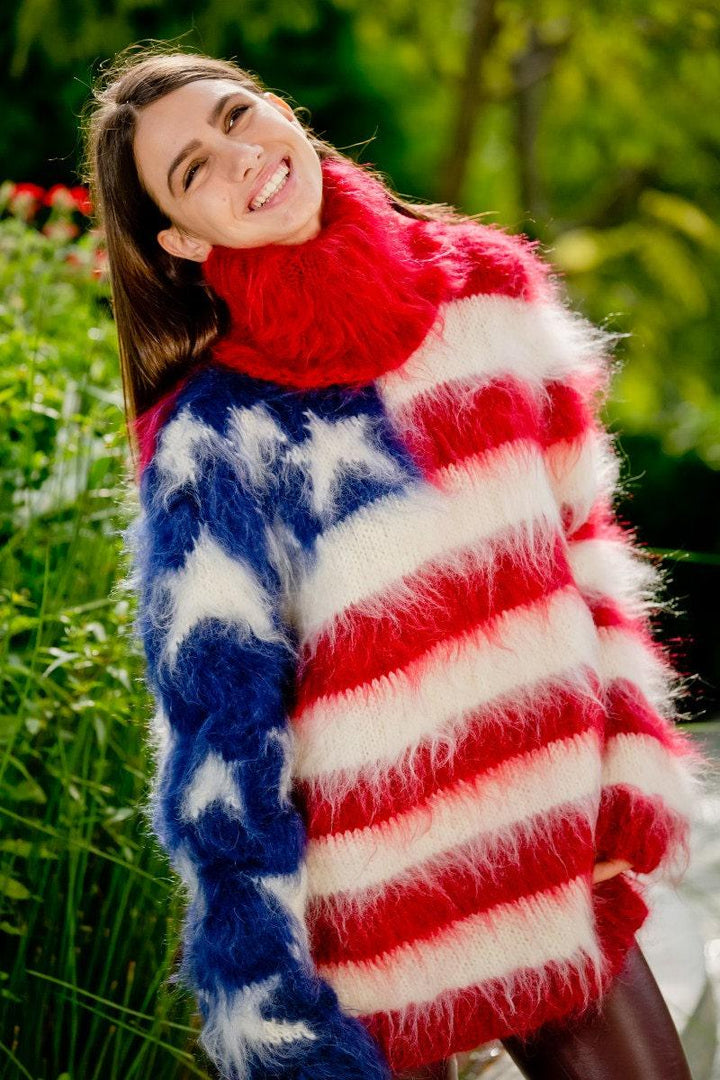 American Flag Mohair Sweater – Hand-Knitted Blue Fluffy Turtleneck Pullover T111