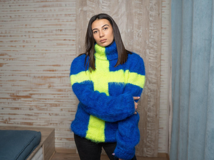 Hand-Knitted Swedish Flag Mohair Sweater – Blue Yellow Fluffy Soft Pullover T1115
