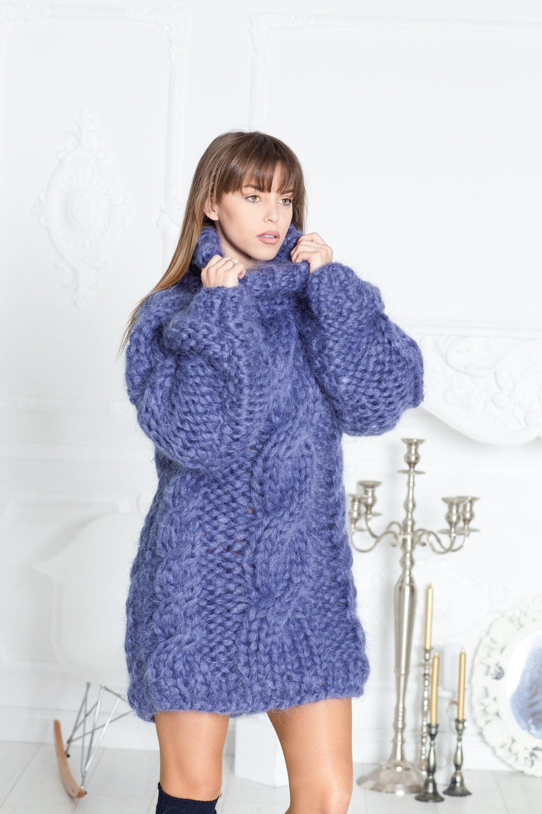 12-Strand Cabled Mohair Sweater – Hand-Knitted Huge Turtleneck Pullover T588