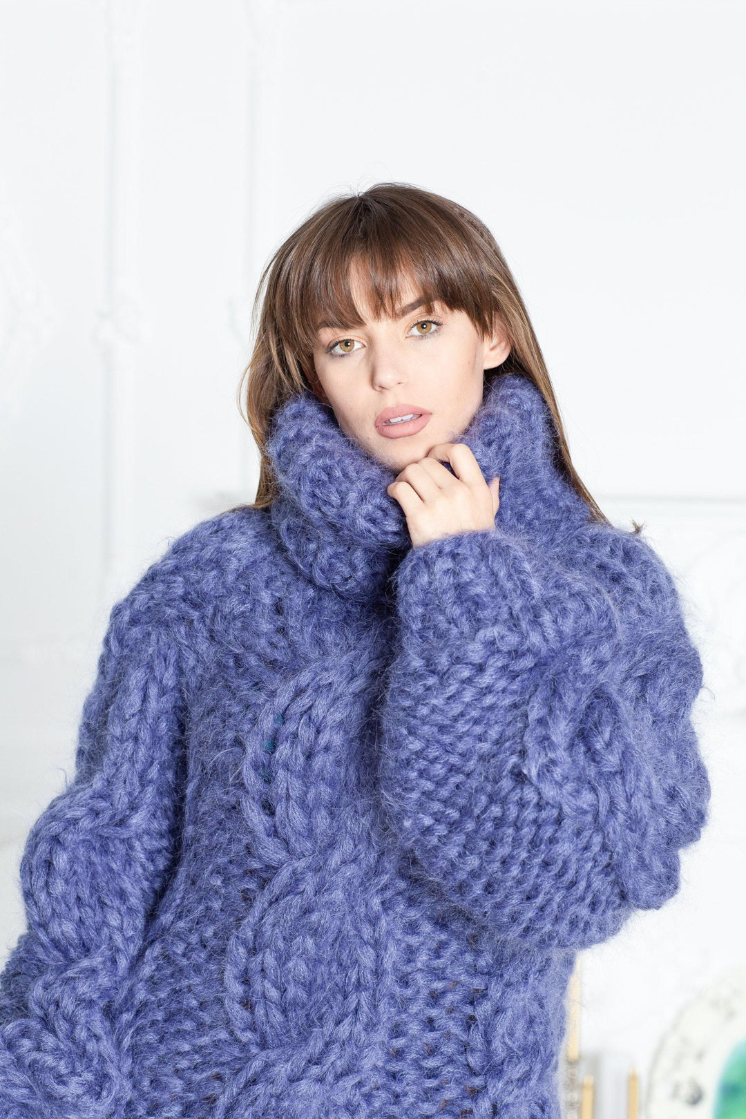 12-Strand Cabled Mohair Sweater – Hand-Knitted Huge Turtleneck Pullover T588