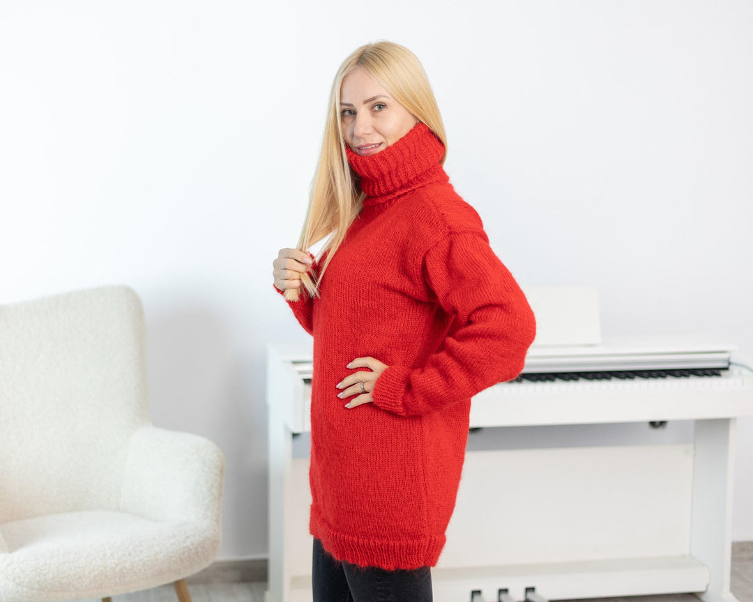 Hand-Knitted Red Mohair Sweater – Extra-Long 55 cm Turtleneck Soft Warm Jumper T1532