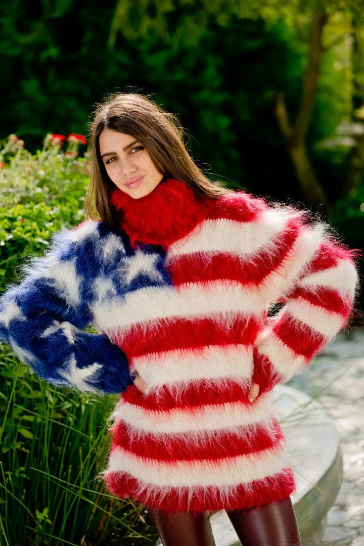 American Flag Mohair Sweater – Hand-Knitted Blue Fluffy Turtleneck Pullover T111