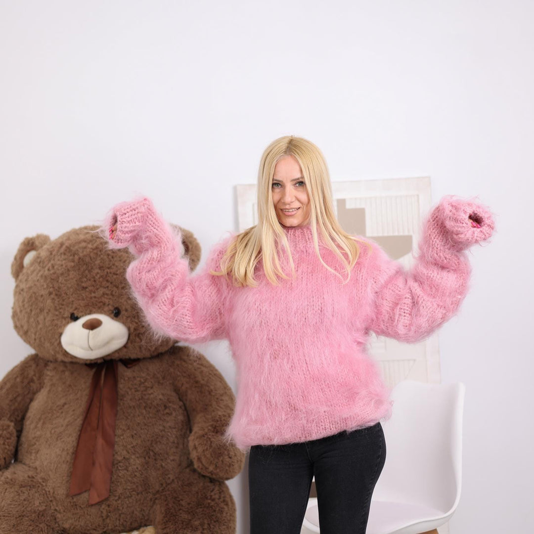 Pink Mohair Sweater – Hand-Knitted Fluffy Turtleneck with Extra Long Sleeves – Soft Fuzzy Pullover T1835