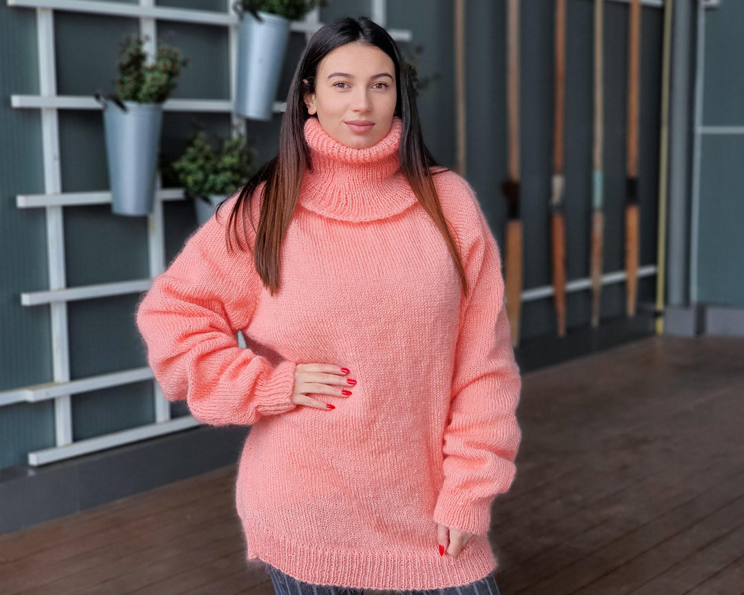 Salmon Pink Mohair Turtleneck Sweater – Hand-Knitted Fluffy Soft Winter Pullover T940