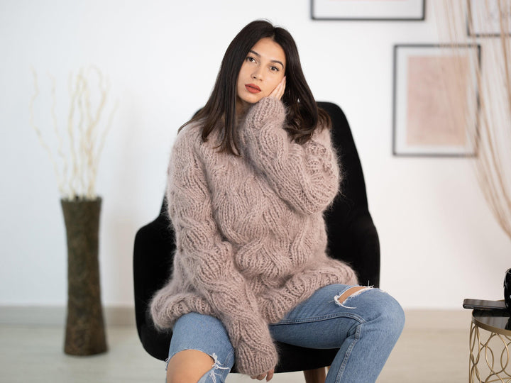 Beige Mohair Sweater – Hand-Knitted Cabled Pullover T1156