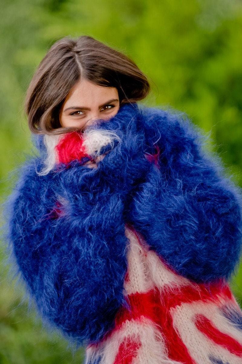 British Flag Mohair Sweater – Hand-Knitted Blue Fluffy Turtleneck Pullover T112